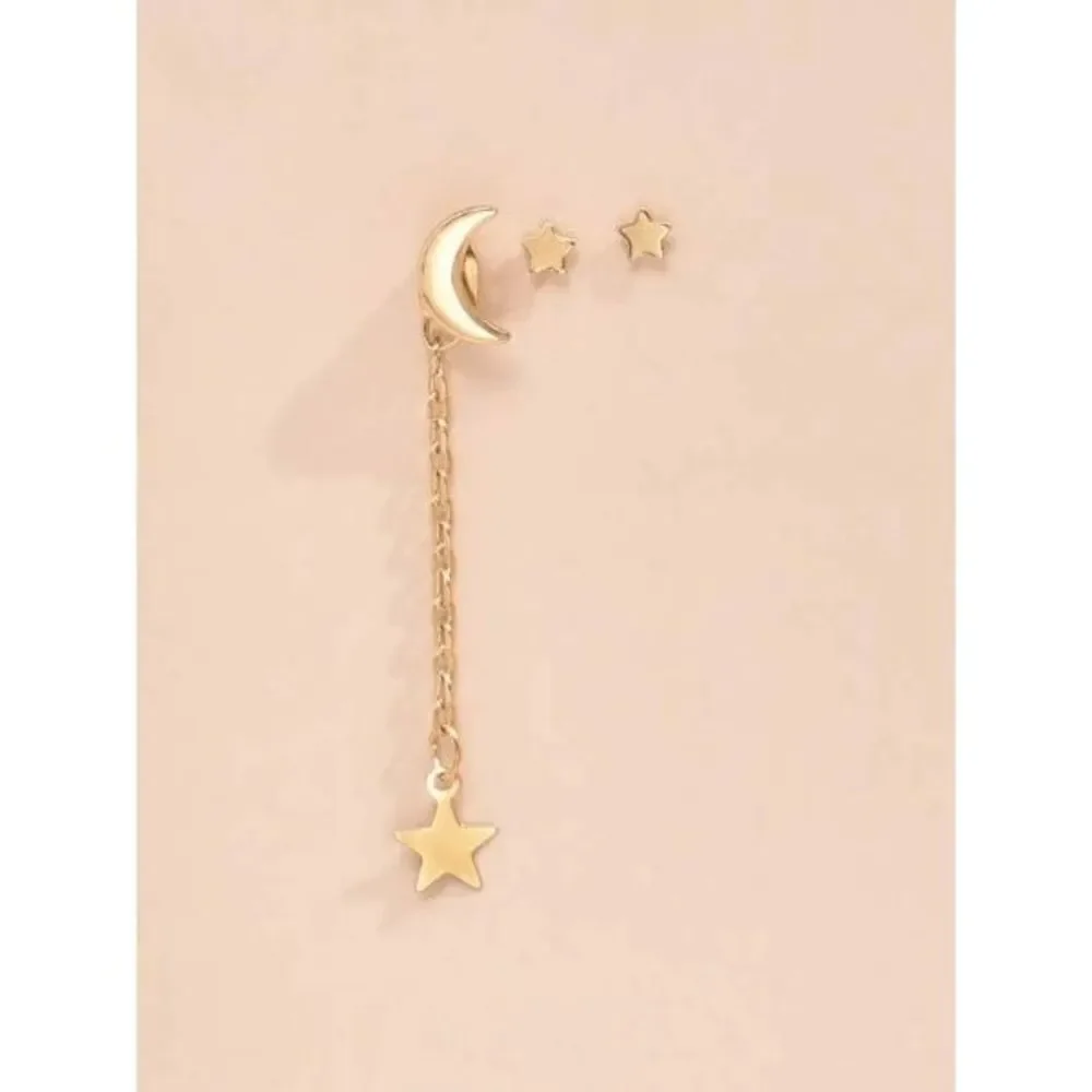 GOLD STAR CHAIN AND MOON & STARS STUD EARRINGS - 4 PIECE SET